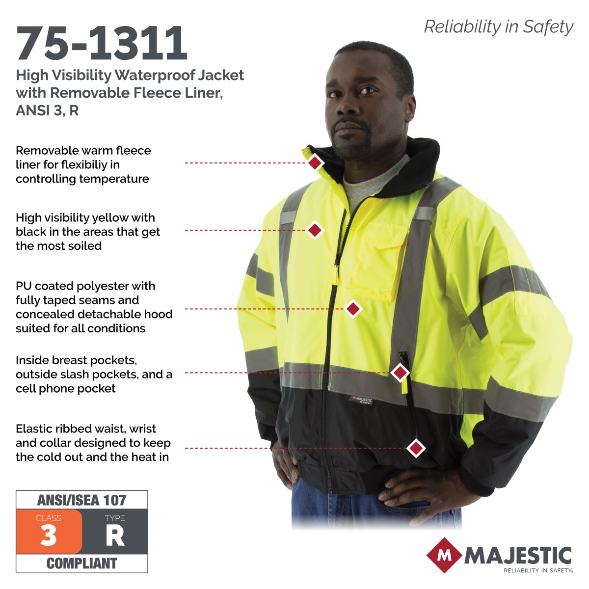 High Visibility Waterproof Jacket with Removable Fleece Liner